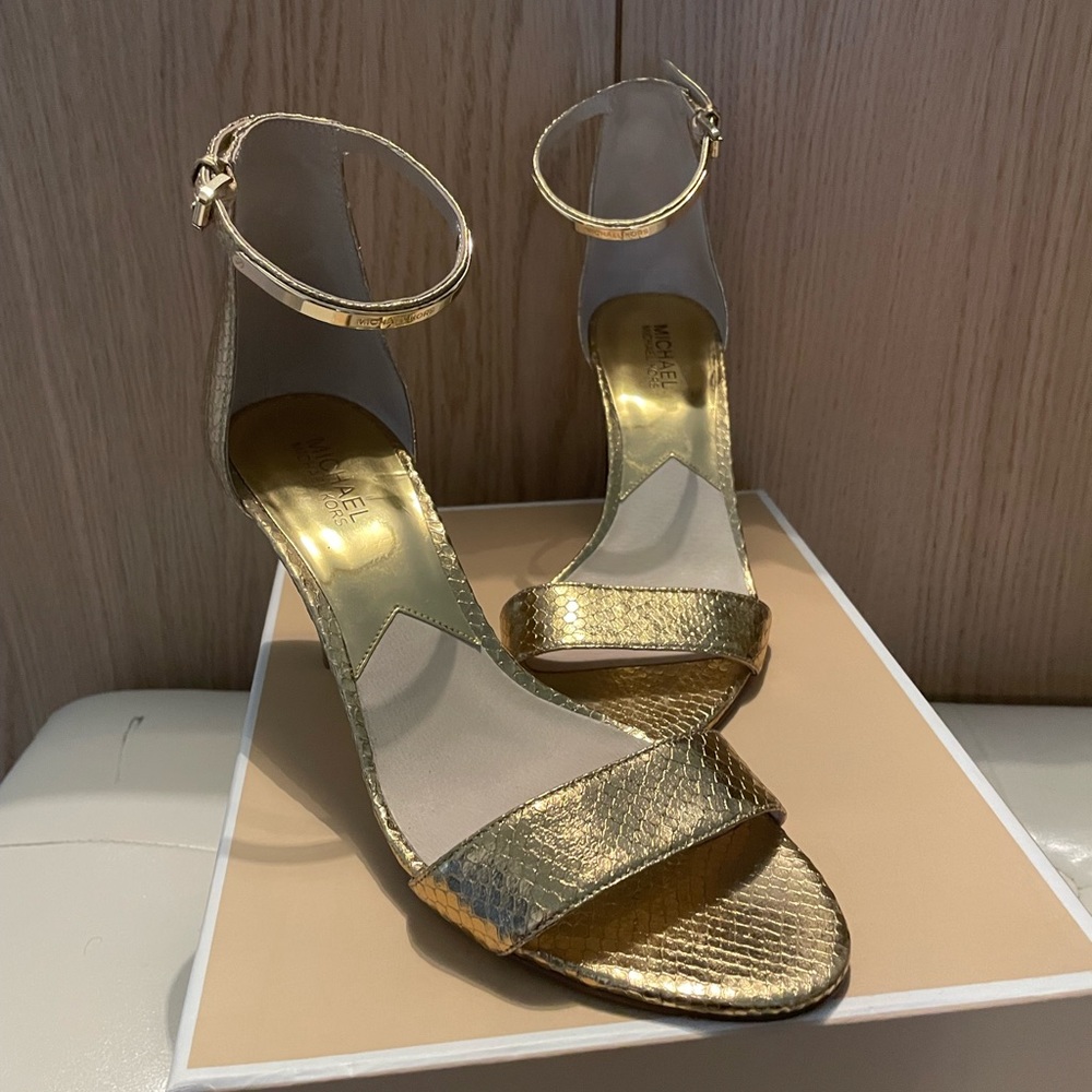 Michael Kors The Jet Set Kristen Mid-Heel Gold Snake-Embossed Sandal